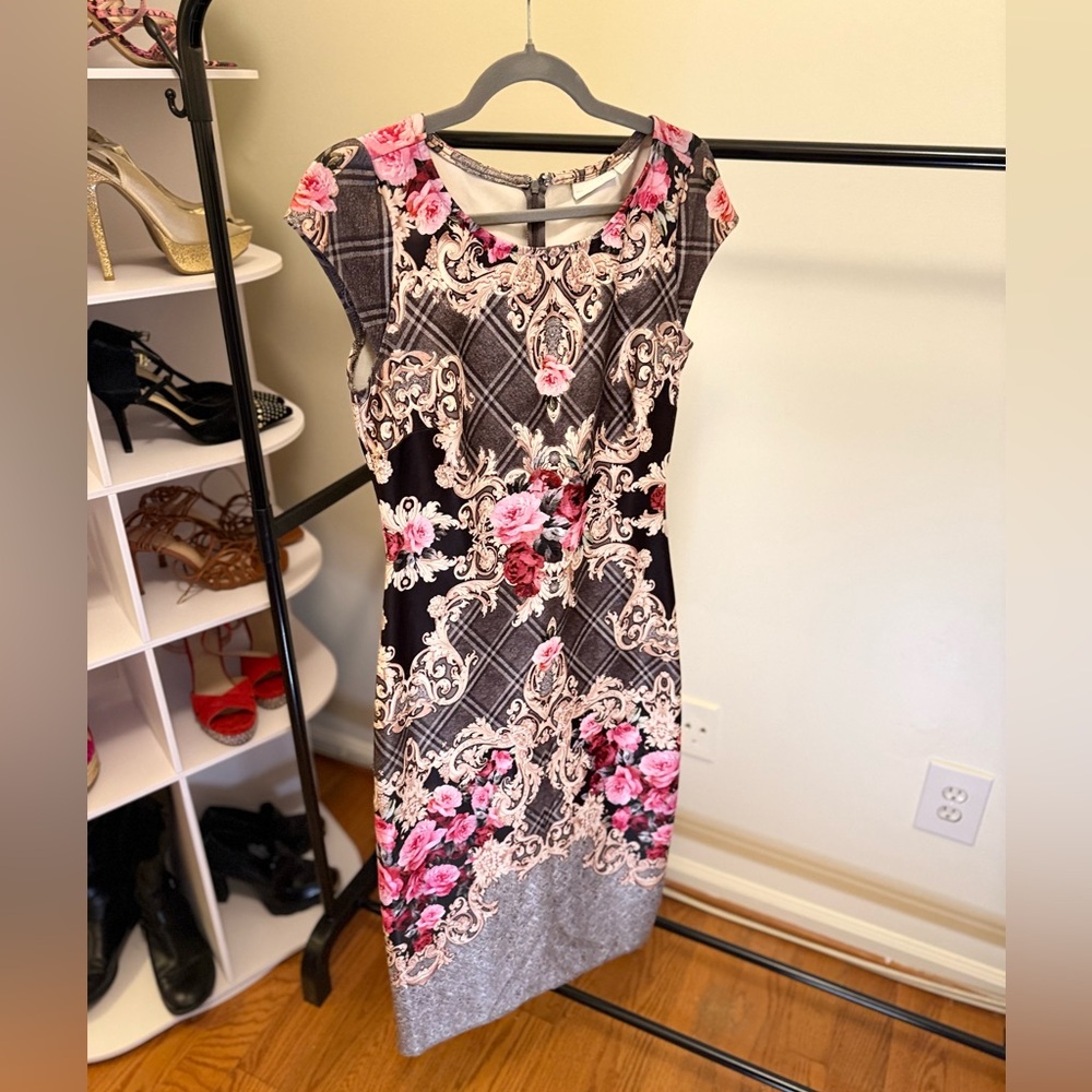 New York & Company Pink and Black Floral Midi Dress